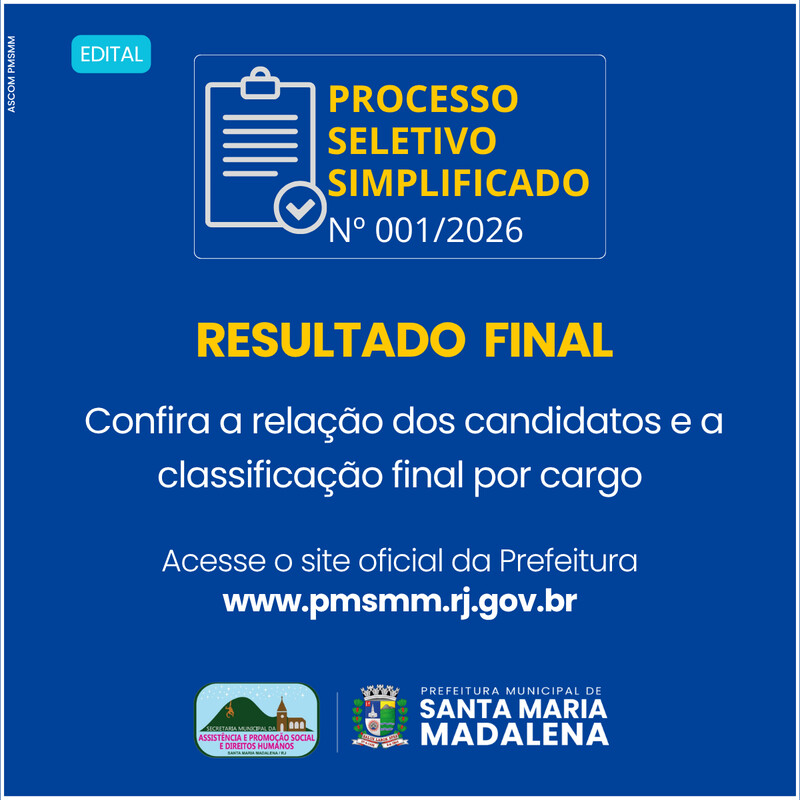 Prefeitura divulga resultado final do Processo Seletivo Simplificado nº 001/2026